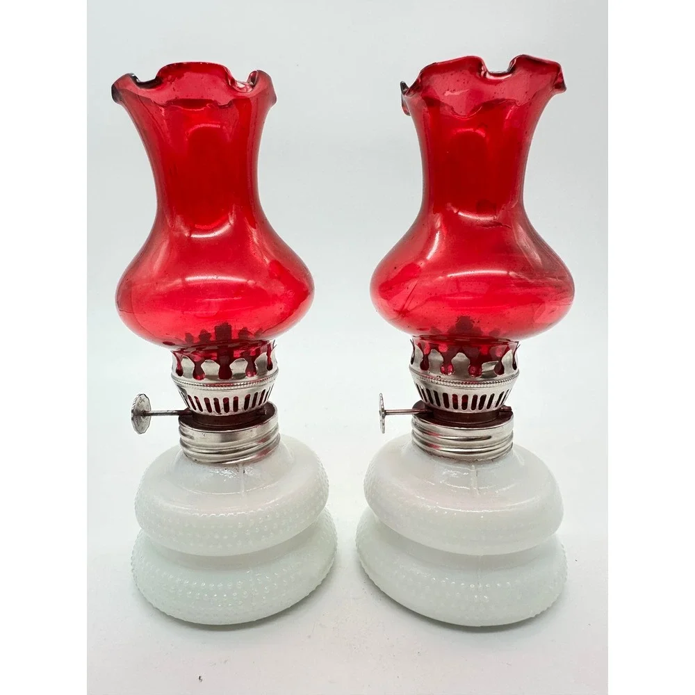 Vintage Miniature Oil Lamps Pair Ruby Red Fenton Style Milk Glass Hobnail 6.5